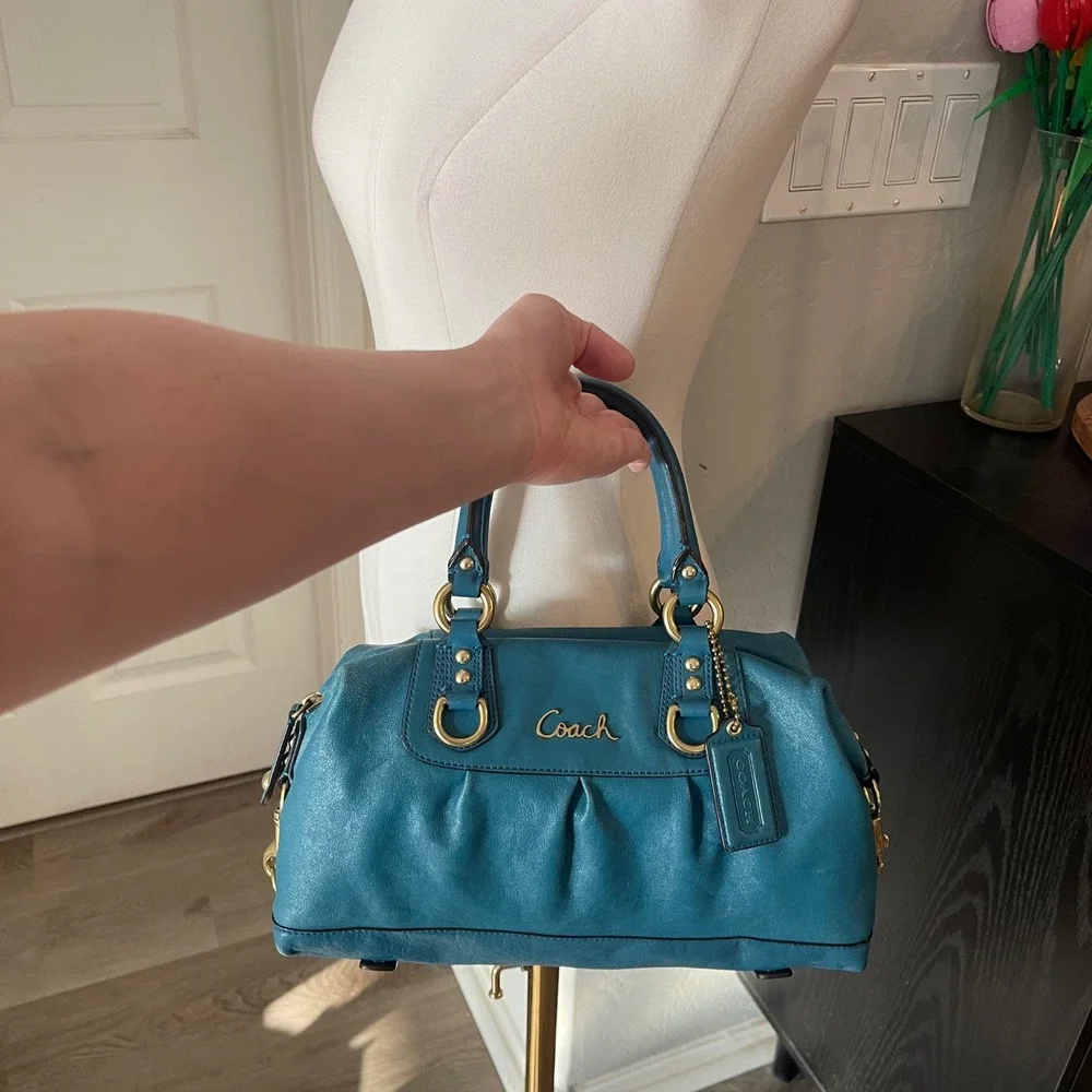 Coach Teal Ashley Purse Convertible Satchel Medium Blue Leather Shoulder Bag